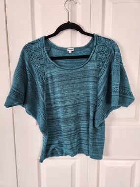 Crochet Sleeve Teal Knit Top